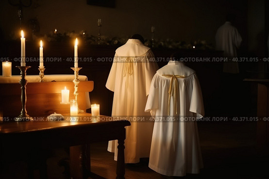 White robes for baptismal ritual in church by candlelight. Generative Ai. Стоковое AI-изображение, AI-художник Юрий Поздников / Фотобанк Лори