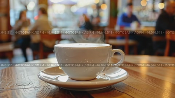 White steaming cup of coffee on table in cafe with people in cafeteria blurred background. Freshly brewed hot latte, cappuccino cup with saucer. Breakfast beverage morning concept. Restaurant drink. Стоковое AI-видео, аниматор Марина Демидюк / Фотобанк Лори
