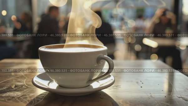 White steaming cup of coffee on table in cafe with people in cafeteria blurred background. Freshly brewed hot latte, cappuccino cup with saucer. Breakfast beverage morning concept. Restaurant drink. Стоковое AI-видео, аниматор Марина Демидюк / Фотобанк Лори