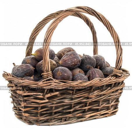 Wicker basket overflowing with freshly picked figs. Стоковое AI-изображение, AI-художник Иван Рябоконь / Фотобанк Лори
