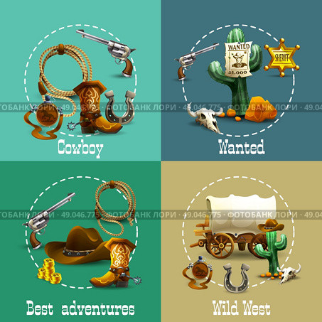 Wild West Adventures Icons Set. Wild west adventures realistic icons set with cowboy and wanted symbols isolated vector illustration . Стоковая иллюстрация, агентство Ingram Publishing / Фотобанк Лори