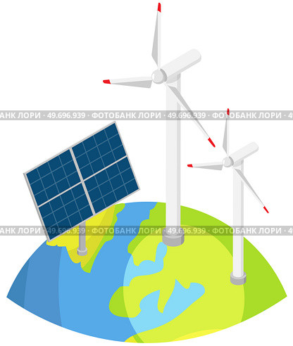 Wind turbines power plant, solar panels station, modern energy-saving construction. Alternative renewable sustainable wind park power generation, green energy, technology of future, green electricity. Wind turbines power plant solar panels station. Alternative renewable power generation, green energy. Стоковая иллюстрация, агентство Ingram Publishing / Фотобанк Лори