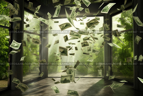 Windfall of wealth - money floating in forested room. Стоковое AI-изображение, AI-художник Иван Рябоконь / Фотобанк Лори
