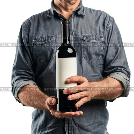 Winemaker holding a bottle of red wine with blank label. Стоковое AI-изображение, AI-художник Иван Рябоконь / Фотобанк Лори