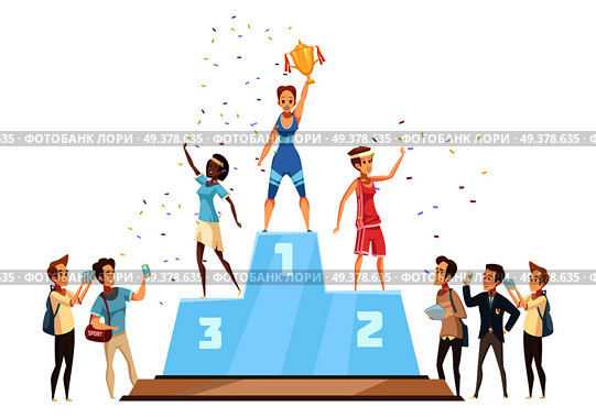 Winners woman retro cartoon composition of flat news reporters and sportswoman characters standing on medal stand vector illustration. Winners On Podium Composition. Стоковая иллюстрация, агентство Ingram Publishing / Фотобанк Лори