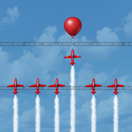 Winning business tools and successful strategy concept as a group of competitive jet airplanes racing up with one individual that is helped by a balloon as the winner as a 3D illustration. Стоковое фото, агентство Ingram Publishing / Фотобанк Лори