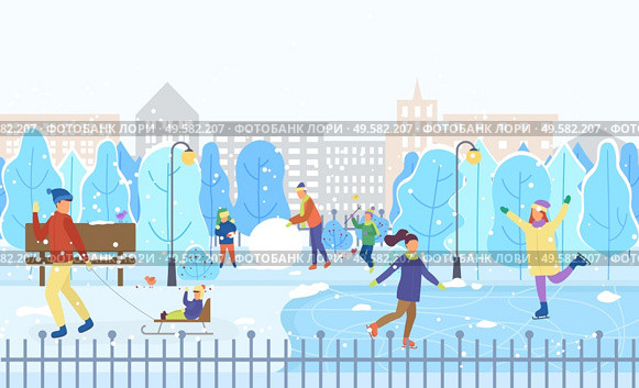 Winter activities and recreation outdoors. People figure skating on ice rink. Dad and kid sculpting snowman. Man pulling sleds with child. Park with trees and snowy ground. Vector in flat style. Winter City Park, Kids on Ice Rink Figure Skating. Стоковая иллюстрация, агентство Ingram Publishing / Фотобанк Лори