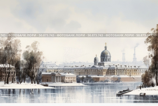 Winter cityscape, painted in watercolor. In the foreground is a calm river with reflections of snow-covered trees and buildings. In the center of the composition is a majestic cathedral with domes and crosses, classical style architecture. The painting conveys the atmosphere of silence, cold and peace of a winter morning in an old European or Russian city. Suitable for themes of architecture, history, winter, cityscape, postcards and decor. Стоковое AI-изображение, AI-художник Анна Кривицкая / Фотобанк Лори