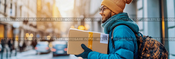 Winter Courier: Smiling Man Delivering Package in City, Fulfillment Solution. Happy worker with order box. Fast delivery for e-commerce. Стоковое AI-изображение, AI-художник Данила Большаков / Фотобанк Лори