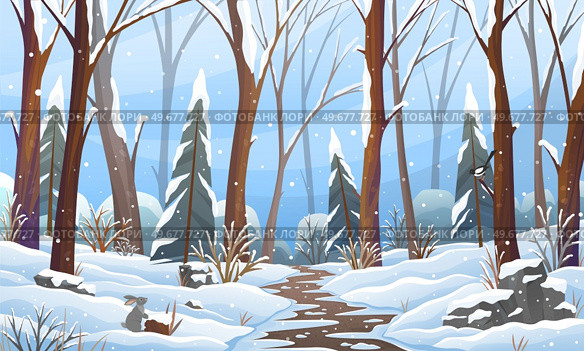 Winter fairy tale landscape, with tall trees and path in winter snowy forest, fir-trees in snowdrifts. Beautifyl outdoors natural background, mystery light in frosty glade, magic season with snow. Winter fairy tale landscape, with tall trees and path in snowy forest, fir-trees in snowdrifts. Стоковая иллюстрация, агентство Ingram Publishing / Фотобанк Лори