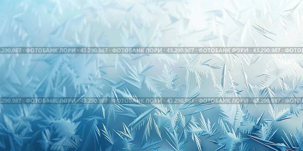 Winter frost patterns on glass. Ice crystals. Abstract light blank cold winter background or wallpaper. Frost patterns on frozen window. Frosted glass. Freezing effect. Frostwork. Harsh season. Cold. Стоковое AI-изображение, AI-художник Марина Демидюк / Фотобанк Лори