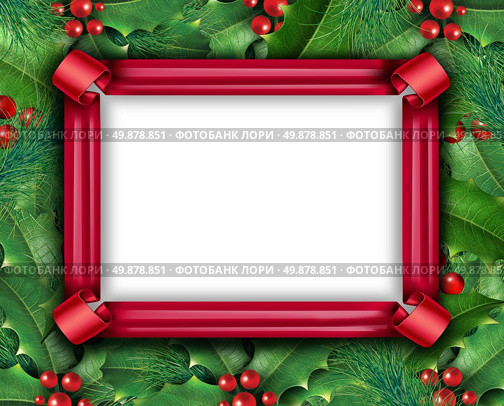 Winter holiday frame with a red ribbon and Christmas holly with with red berries and green leaves with evergreen pine needles on a blank white background for copy space as a festive new year and seasonal decoration. Стоковое фото, агентство Ingram Publishing / Фотобанк Лори