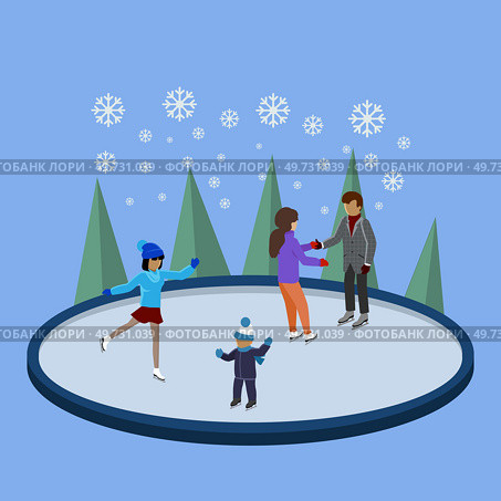 Winter ice staking rink sports young happy people family activity. Mom dad son boy girl skaters fir tree. Friends at ice-skating outdoor rink merry christmas new year winter holidays concept. Winter ice staking rink sports happy people family activity. Mom dad son boy girl skaters fir tree. Стоковая иллюстрация, агентство Ingram Publishing / Фотобанк Лори