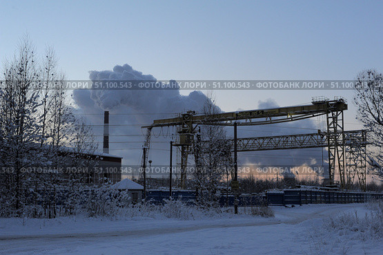 Winter industrial landscape. The frame shows an industrial zone with a tall chimney, from which thick clouds of steam or smoke rise, creating impressive clouds against the background of a brightening sky. In the foreground, snow-covered trees and bushes, a snow-covered road, and metal structures of a manufacturing plant are visible. The atmosphere combines the harsh beauty of winter with industrial power: the whiteness of the snow and the cold shades of the sky contrast with the gray clouds of emissions and the yellow metal of the crane structures. Стоковое фото, фотограф Анна Кривицкая / Фотобанк Лори