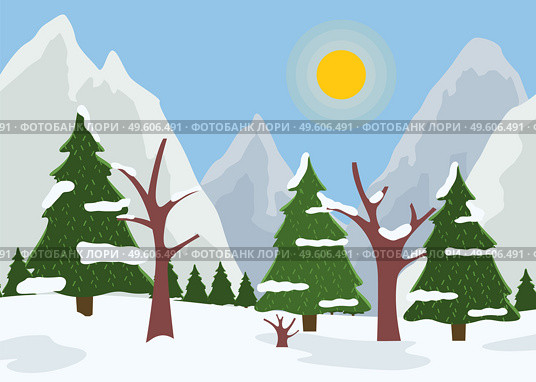 Winter nature landscape with fir-trees and bright sun, spruce forest on the horizon behind a snowy hill. Green conifer trees in the foreground, frosty day in a pine forest vector background. Winter nature landscape with fir-trees, bright sun, spruce forest on the horizon behind a snowy hill. Стоковая иллюстрация, агентство Ingram Publishing / Фотобанк Лори