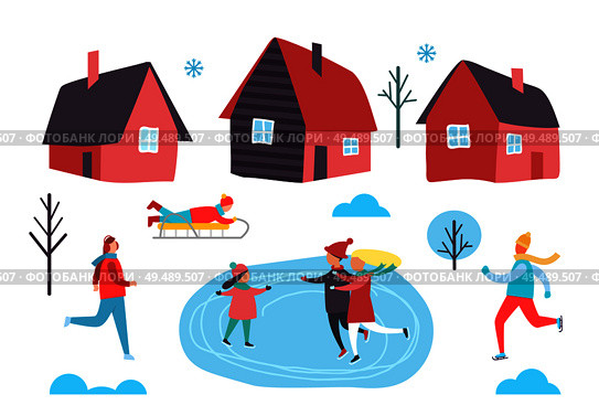 Winter people skating on frozen ice, houses set vector. Seasonal activities of family, kid riding sledges and man jogging. Snowflakes and snowy trees. Winter People Skating on Ice Houses Set Vector. Стоковая иллюстрация, агентство Ingram Publishing / Фотобанк Лори