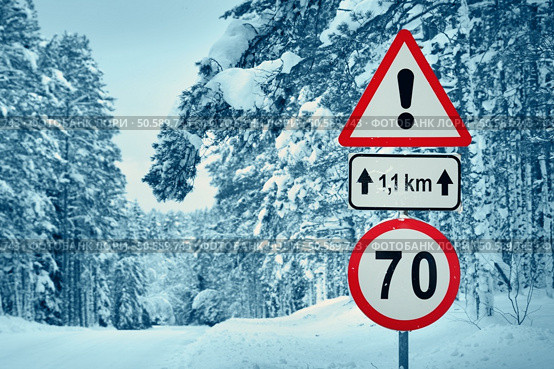 winter view on the road through coniferous forest. Road caution sign in forest landscape. road in snowy winter on beautiful sunny day. Стоковое фото, агентство Ingram Publishing / Фотобанк Лори