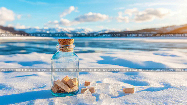 Winter Wonder: Message in a Bottle on Snowscape with Frozen Lake, Dreamy Scenic Landscape for Postcard. Стоковое AI-изображение, AI-художник Данила Большаков / Фотобанк Лори