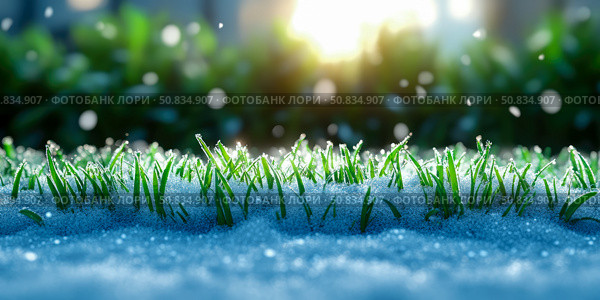 Winter's Whisper: Delicate grass blades emerge under a blanket of snow, kissed by the soft glow of winter sun. Стоковое AI-изображение, AI-художник Данила Большаков / Фотобанк Лори