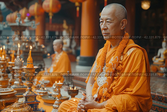 Wisdom in the Monastery: Chinese Elders at the Ceremony, Embodying Ancient Teachings and the Delicacy of Rituals in Their Soul. Стоковое AI-изображение, AI-художник Юрий Поздников / Фотобанк Лори