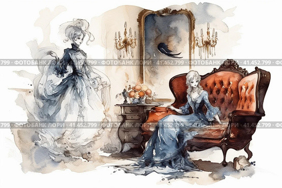 Witch and ghost spending time drinking tea together, watercolor illustration, watercolor style, Generative AI. Стоковое AI-изображение, AI-художник Анна Кривицкая / Фотобанк Лори