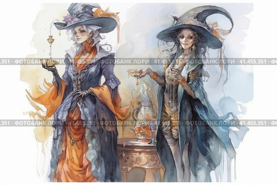 Witch and ghost spending time drinking tea together, watercolor illustration, watercolor style, Generative AI. Стоковое AI-изображение, AI-художник Анна Кривицкая / Фотобанк Лори