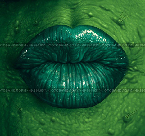 Witch symbol and wicked witchcraft black magic concept as a close up of a wrinkled green skinned sexy sorceress lips as a fantasy fiction or fairy tale  halloween character. Стоковое фото, агентство Ingram Publishing / Фотобанк Лори