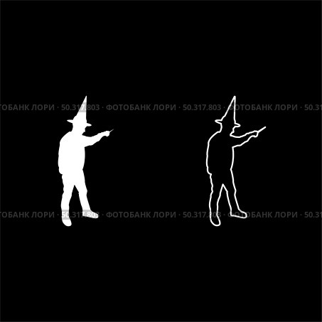 Wizard holds magic wand trick Waving Sorcery concept Magician Sorcerer Fantasy person Warlock man in robe with magical stick Witchcraft in hat mantle Mage conjure Mystery idea Enchantment silhouette white color vector illustration solid outline style simple image. Wizard holds magic wand trick Waving Sorcery concept Magician Sorcerer Fantasy person Warlock man in robe with magical stick Witchcraft in hat mantle Mage conjure Mystery idea Enchantment silhouette white color vector illustration solid outline style image. Стоковая иллюстрация, агентство Ingram Publishing / Фотобанк Лори