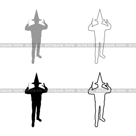 Wizard holds magic wand trick Waving Sorcery concept Magician Sorcerer Fantasy person Warlock man in robe with magical stick Witchcraft in hat mantle Mage conjure Mystery idea Enchantment silhouette grey black color vector illustration solid outline style simple image. Wizard holds magic wand trick Waving Sorcery concept Magician Sorcerer Fantasy person Warlock man in robe with magical stick Witchcraft in hat mantle Mage conjure Mystery idea Enchantment silhouette grey black color vector illustration solid outline style image. Стоковая иллюстрация, агентство Ingram Publishing / Фотобанк Лори