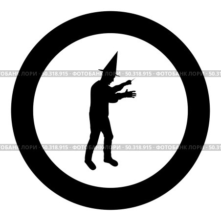 Wizard holds magic wand trick Waving Sorcery concept Magician Sorcerer Fantasy person Warlock man in robe with magical stick Witchcraft in hat mantle Mage conjure Mystery idea Enchantment silhouette in circle round black color vector illustration solid outline style simple image. Wizard holds magic wand trick Waving Sorcery concept Magician Sorcerer Fantasy person Warlock man in robe with magical stick Witchcraft in hat mantle Mage conjure Mystery idea Enchantment silhouette in circle round black color vector illustration solid outline style image. Стоковая иллюстрация, агентство Ingram Publishing / Фотобанк Лори
