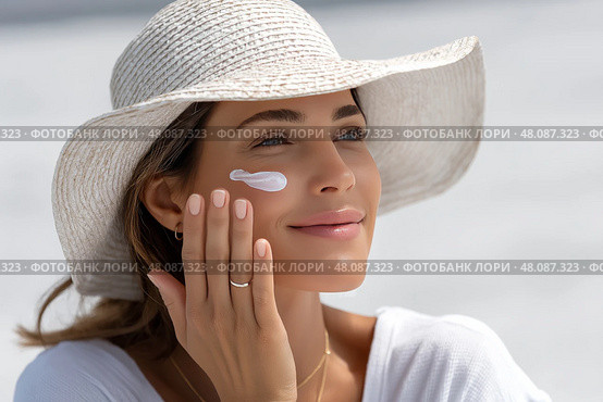Woman Applying Sunscreen for Sun Protection, Skincare Routine Close-Up. Женщина наносит солнцезащитный крем для защиты от солнца, уход за кожей. Стоковое AI-изображение, AI-художник Katsiaryna Repich / Фотобанк Лори