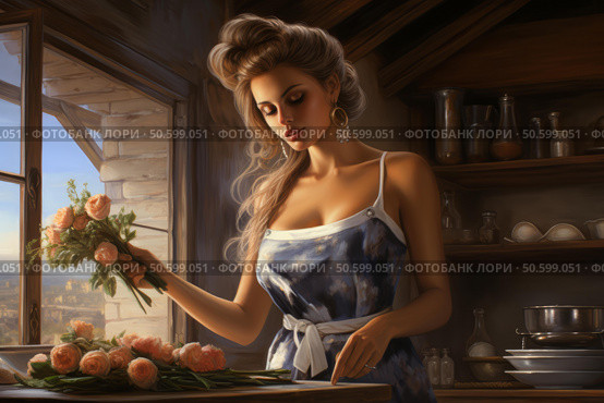 Woman arranging flowers in rustic kitchen setting. Стоковое AI-изображение, AI-художник Иван Рябоконь / Фотобанк Лори