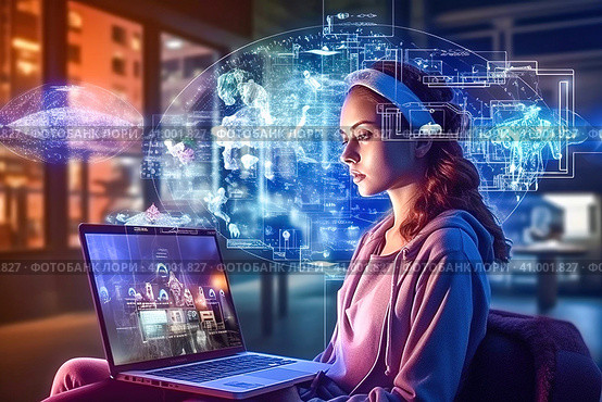 Woman at laptop, with cyber security hologram. Стоковое AI-изображение, AI-художник Юрий Поздников / Фотобанк Лори