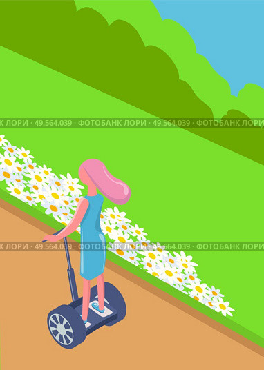 Woman character balancing on hoverboard, back view of female in dress driving electric transport by road, flowers and green plant, modern eco technology vector. Girl Balancing on Segway, Eco Transport Vector. Стоковая иллюстрация, агентство Ingram Publishing / Фотобанк Лори