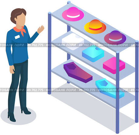 Woman choosing clothes in store with consultant. Shop assistant helps buyer to try on hat during shopping. Customer service in mall. People stand near shelves with clothes in store or boutique. Woman choosing clothes in store with consultant. Shop assistant helps buyer to choose hat in mall. Стоковая иллюстрация, агентство Ingram Publishing / Фотобанк Лори