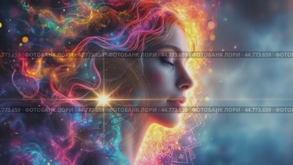 Woman connecting with cosmic energy flow and spiritual enlightenment. Стоковое AI-видео, аниматор Юрий Поздников / Фотобанк Лори