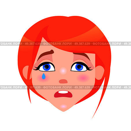 Woman crying face with pink cheeks and tear isolated on white background. Frustrated redhead girl avatar userpic in flat style design. Vector illustration of upset human emotion close up portrait. Woman Crying Face with Pink Cheeks and Tear. Стоковая иллюстрация, агентство Ingram Publishing / Фотобанк Лори