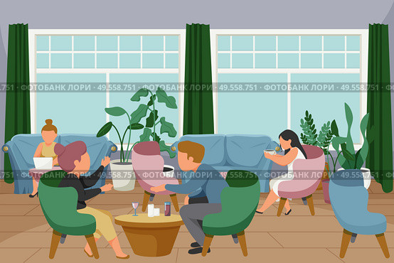 Woman daily routine flat composition with indoor scenery with female human characters in different casual situations vector illustration. Стоковая иллюстрация, агентство Ingram Publishing / Фотобанк Лори
