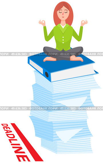 Woman doing yoga at workplace in office. Worker sitting in lotus pose on stack of folders, meditating, relaxing, Female employee meditating at workplace to manage stress and deal with deadlines. Female employee meditating at workplace on stack of folders to manage stress and deal with deadlines. Стоковая иллюстрация, агентство Ingram Publishing / Фотобанк Лори
