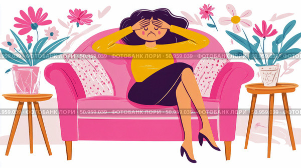 Woman experiencing headache or deep stress, seated on a vibrant pink sofa amidst soothing floral elements, illustrating mental strain and emotional discomfort for wellness content. Стоковое AI-изображение, AI-художник Данила Большаков / Фотобанк Лори