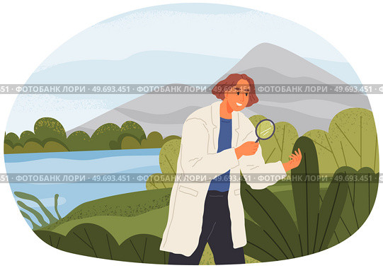 Woman exploring nature and making notes. Researcher analysing natural area. Environmental and ecology research. Scientist conducts ecological experiment. Explorer works researcher analyzes nature. Woman exploring nature and making notes. Explorer works researcher analyzes nature. Стоковая иллюстрация, агентство Ingram Publishing / Фотобанк Лори