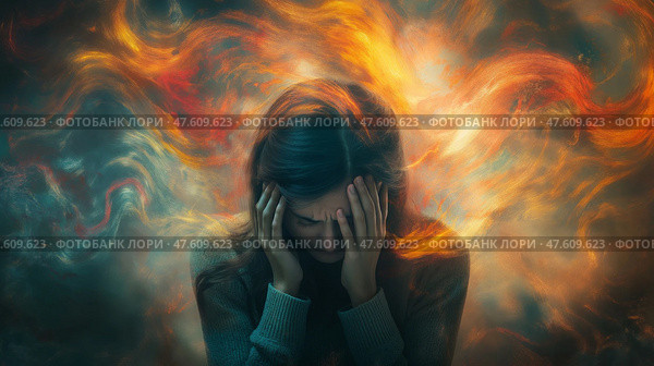 Woman expressing intense emotions amidst vibrant, swirling colors.Женщина в стрессе держит голову руками, окруженная яркими, огненными цветами. На картине запечатлен момент внутреннего смятения и эмоционального хаоса. Стоковое AI-изображение, AI-художник Katsiaryna Repich / Фотобанк Лори