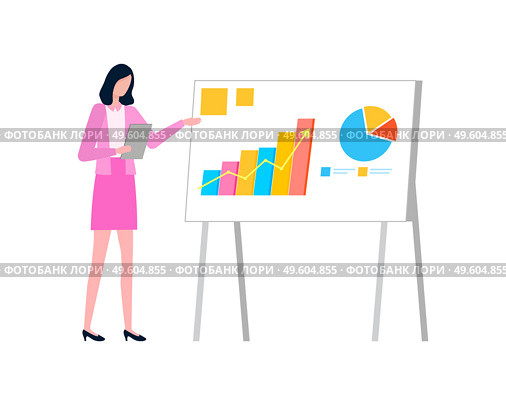 Woman giving presentation vector, business seminar lady explaining new ideas and concepts. Infocharts and diagram with colored segments isolated presenter. Woman Wearing Classy Clothes with Presentation. Стоковая иллюстрация, агентство Ingram Publishing / Фотобанк Лори