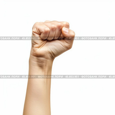 Woman hand making fist on white background, feminism and girl power concept. Стоковое AI-изображение, AI-художник Иван Рябоконь / Фотобанк Лори