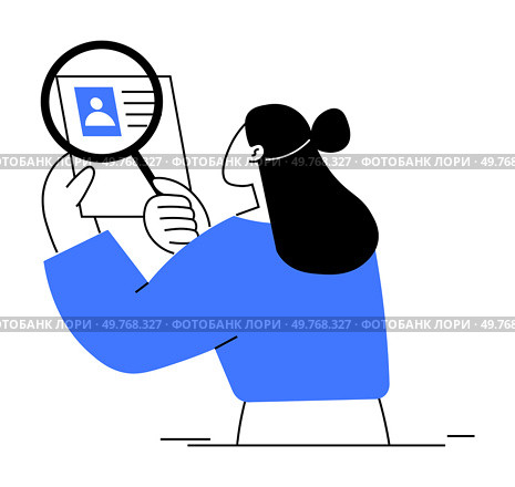 Woman holding a magnifying glass over a document. Ideal for recruitment, job search, business analysis, research, and verification themes. Flat design style.. Woman Examining Document with Magnifying Glass Recruitment, Job Search, Business Analysis Concept. Стоковая иллюстрация, агентство Ingram Publishing / Фотобанк Лори