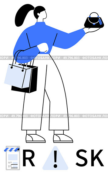 Woman holding bags considering a purchase while evaluating a tagged handbag. Ideal for retail, shopping, consumer behavior, marketing, decision making, financial caution, risk assessment themes. Line. Woman Shopping with Multiple Bags Contemplating a Purchase Decision with RISK Warning. Стоковая иллюстрация, агентство Ingram Publishing / Фотобанк Лори
