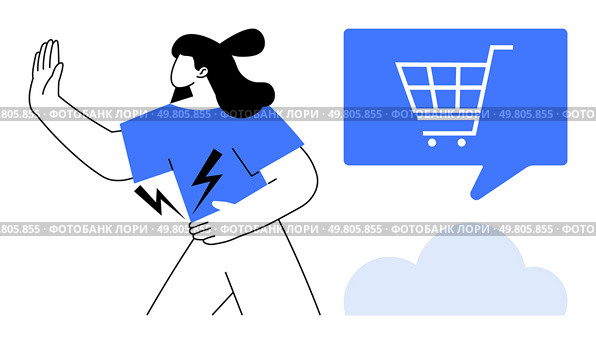 Woman holding hand up to reject with shopping cart symbol in speech bubble. Ideal for e-commerce, consumer behavior, online shopping, digital marketing, decision-making, anti-consumerism, personal. Woman Rejecting Online Shopping Concept with Shopping Cart Symbol in Speech Bubble. Стоковая иллюстрация, агентство Ingram Publishing / Фотобанк Лори