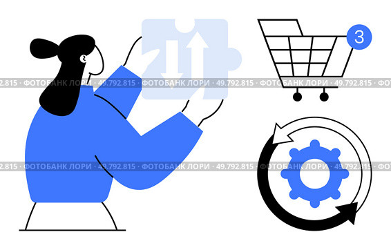Woman holding puzzle piece with bidirectional arrows, shopping cart with notification, and cog in cyclic arrows. Ideal for business process, project management, workflow optimization, e-commerce. Woman holding puzzle piece with arrows beside shopping cart and cog in cyclic arrows, signifying process. Стоковая иллюстрация, агентство Ingram Publishing / Фотобанк Лори