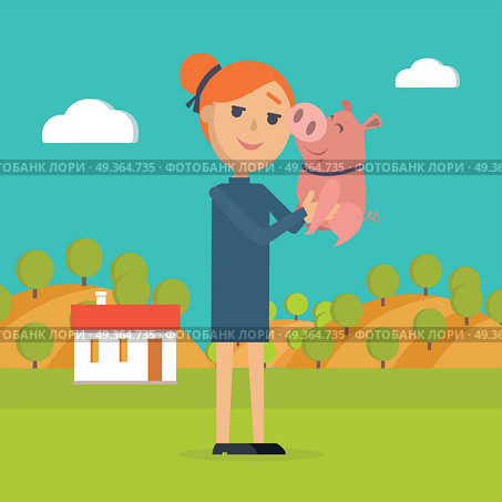 Woman Holds Pig in Hand Country Farm on Background. Woman holds pig in hand. Country farm on background. Farmer girl with her adorable pet in countryside. Small pink piggy with his mistress. Summer holidays in village in flat style. Vector illustration. Стоковая иллюстрация, агентство Ingram Publishing / Фотобанк Лори