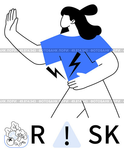 Woman in blue shirt with arm extended signaling stop, holding stomach with lightning symbol. Below are risk-factors icons and the word RISK. Ideal for caution, prevention, health, danger, awareness. Woman in Blue Shirt Showing Stop Gesture with Icons and Word Risk. Стоковая иллюстрация, агентство Ingram Publishing / Фотобанк Лори